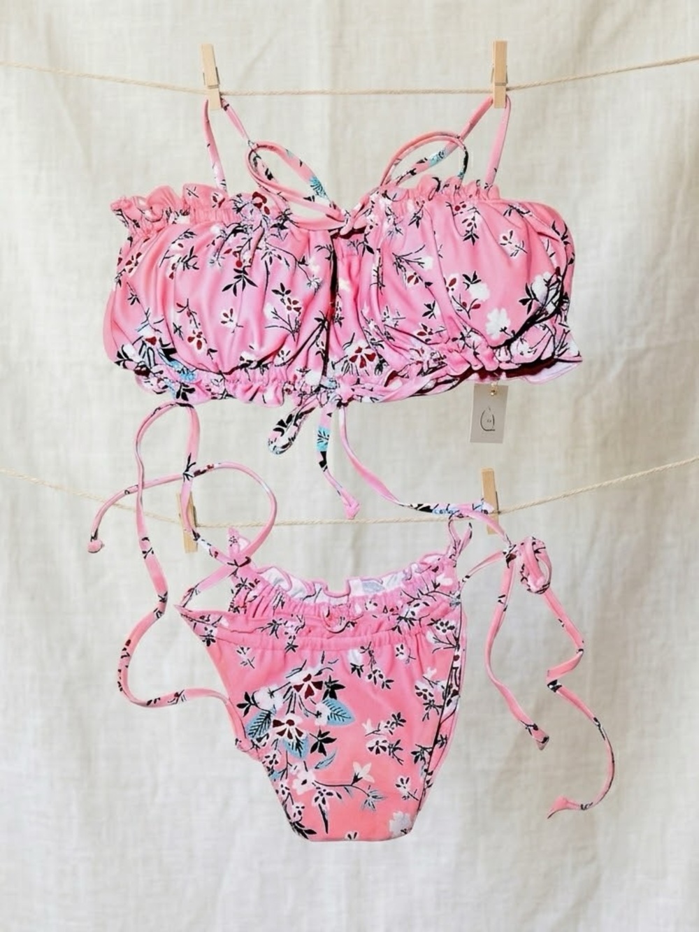 Zaful Pink Floral Ruffle Tie Bikini Set